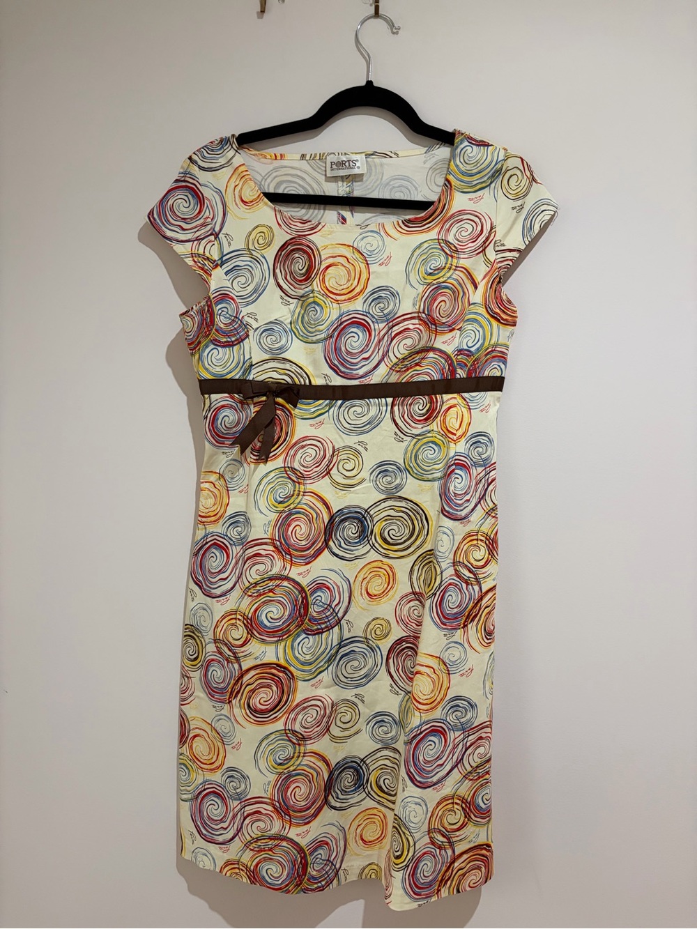 Ports international Spiral Abstract Pattern Brown bow accent cocktail dress